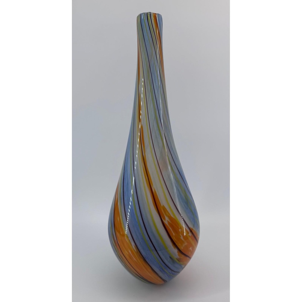 Murano Style Art Glass Vase Swirl Blue Orange Yellow Brown Hand Blown Tall Decor - Picture 5 of 11